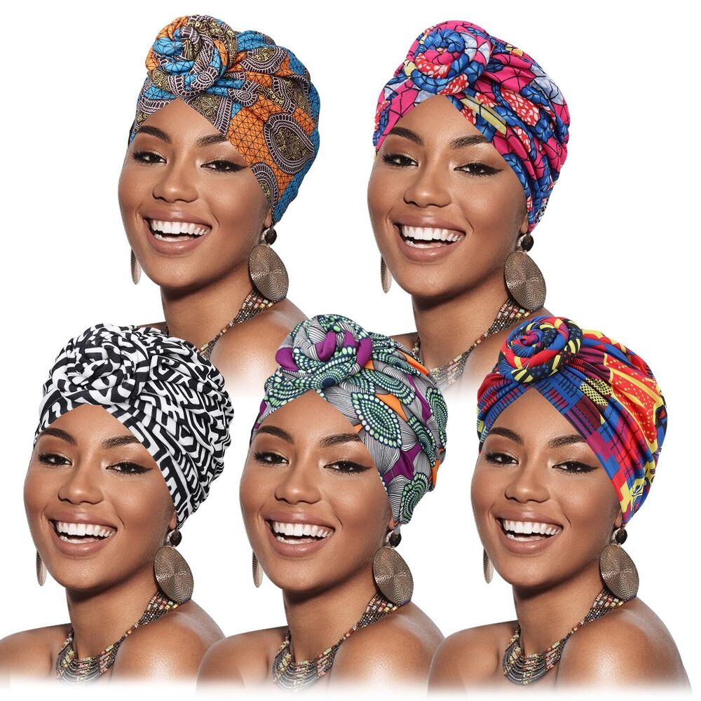 8926 5 Pack Knotted Headwraps African Turban Pre-Knotted Beanie Headwraps